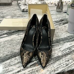 Marc Fisher Gold and Black Brocade Pumps with Swuare Heels